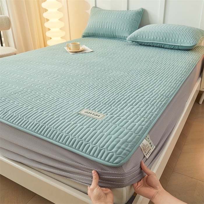 91家纺网 家纺一手货源 找家纺 3C 2024新款A类全棉水洗棉大豆夹棉床笠-网忆 网忆-湖水绿