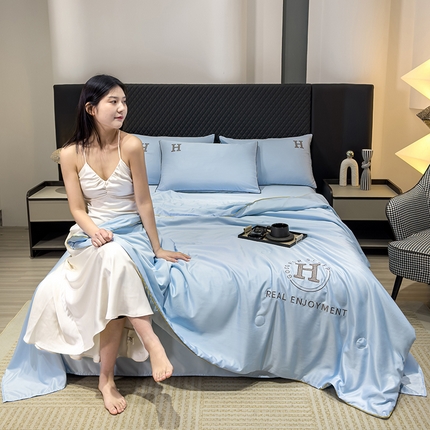 星航家纺 2025新款轻奢夏被四件套晾感冰丝空调被水洗冰丝夏被 天空蓝
