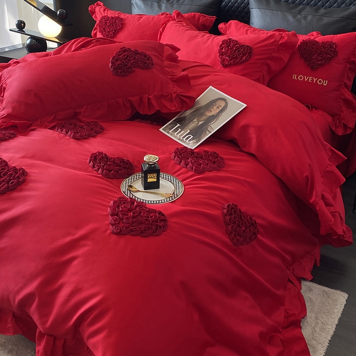 91家纺网 家纺一手货源 找家纺 优悦_新款磨毛婚庆3D立体绣花四件套 心里有你