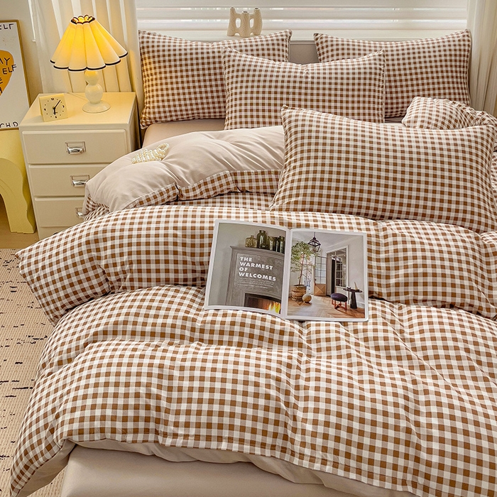 91家纺网 家纺一手货源 找家纺 楠沐家纺 2025新款亲肤柔软水洗棉磨毛四件套 咖小格