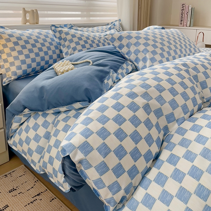 91家纺网 家纺一手货源 找家纺 楠沐家纺 2025新款亲肤柔软水洗棉磨毛四件套 棋盘格蓝