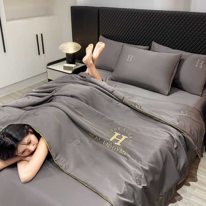 91家纺网 家纺一手货源 找家纺 星航家纺 2025新款轻奢夏被四件套晾感冰丝空调被水洗冰丝夏被 深灰