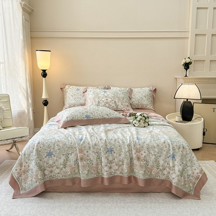 若未2025新款法式莱赛尔天丝印花镂空夏被和夏被四件套 花海缠绵