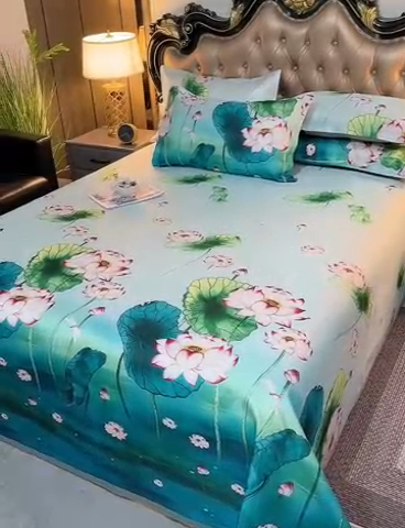 91家纺网 家纺一手货源 找家纺 梵克保罗 2024新款印花冰丝凉席套件-系列一 荷塘月色