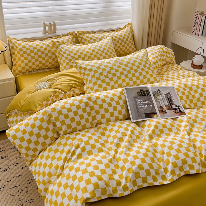 91家纺网 家纺一手货源 找家纺 楠沐家纺 2025新款亲肤柔软水洗棉磨毛四件套 棋盘格黄