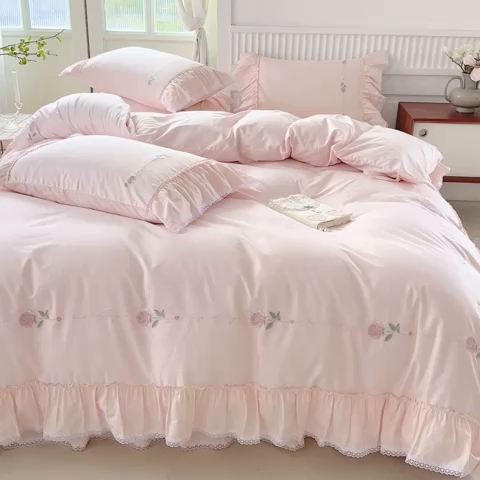 91家纺网 家纺一手货源 找家纺 亲亲公主 2025新款亲肤舒适全棉绣花公主风四件套-彩色玫瑰 美人玉