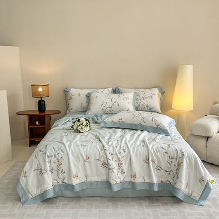 91家纺网 家纺一手货源 找家纺 若未2025新款法式莱赛尔天丝印花镂空夏被和夏被四件套 清雅