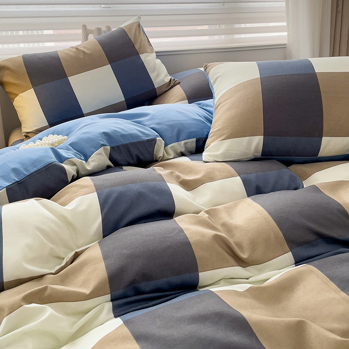 91家纺网 家纺一手货源 找家纺 楠沐家纺 2025新款亲肤柔软水洗棉磨毛四件套 蓝大格