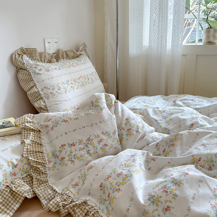 91家纺网 家纺一手货源 找家纺 沐棉 2024新款韩式公主风全棉花边四件套 晓露