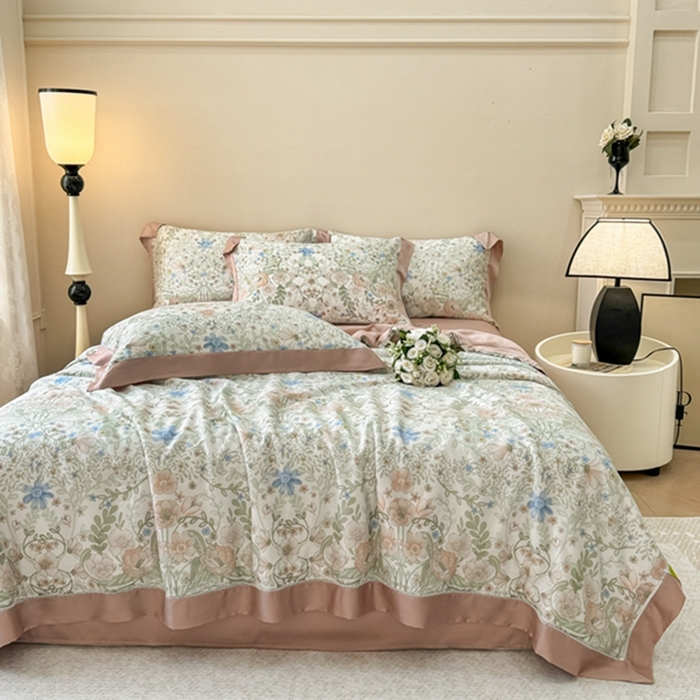 91家纺网 家纺一手货源 找家纺 若未2025新款法式莱赛尔天丝印花镂空夏被和夏被四件套 花海缠绵