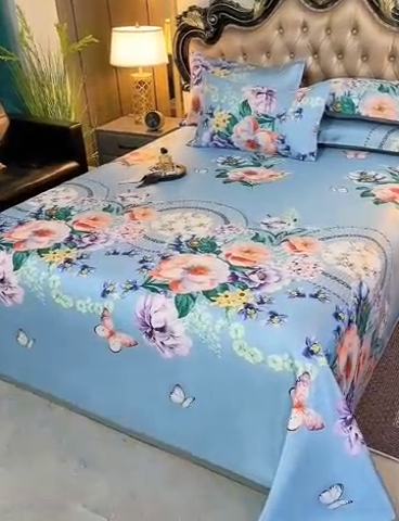 91家纺网 家纺一手货源 找家纺 梵克保罗 2024新款印花冰丝凉席套件-系列一 春香满园-蓝