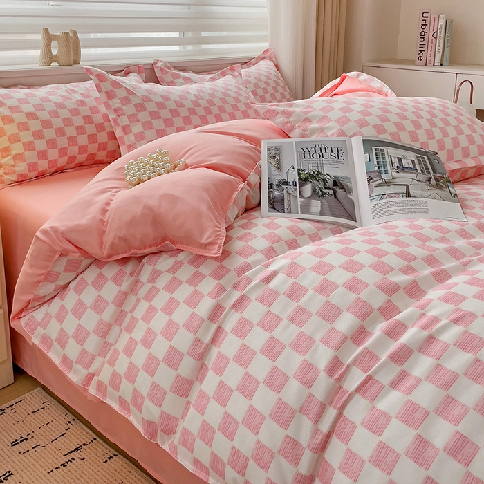 91家纺网 家纺一手货源 找家纺 楠沐家纺 2025新款亲肤柔软水洗棉磨毛四件套 棋盘格粉