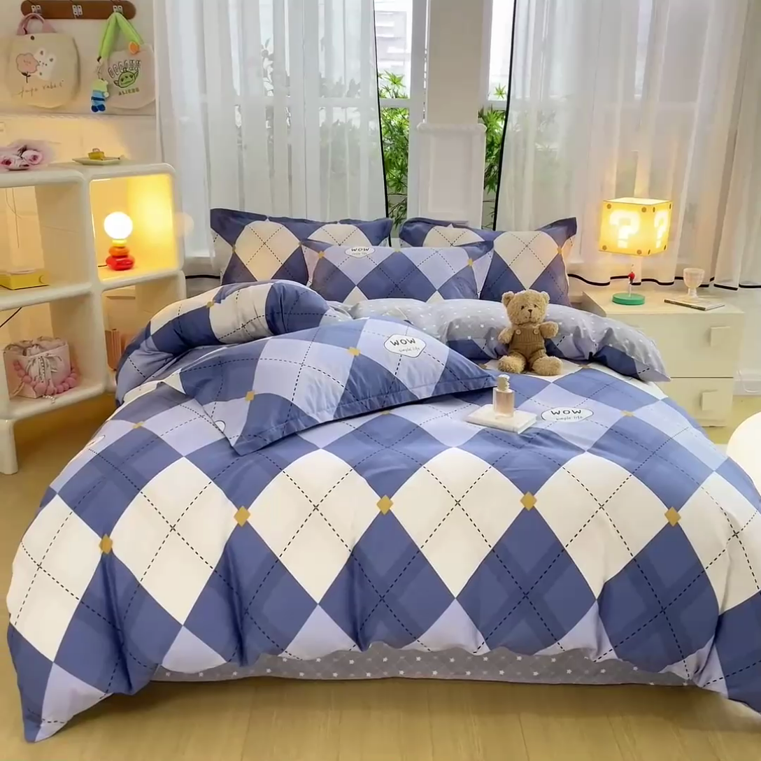 91家纺网 家纺一手货源 找家纺 铭博家纺 2024新款全棉印花四件套 意林 蓝