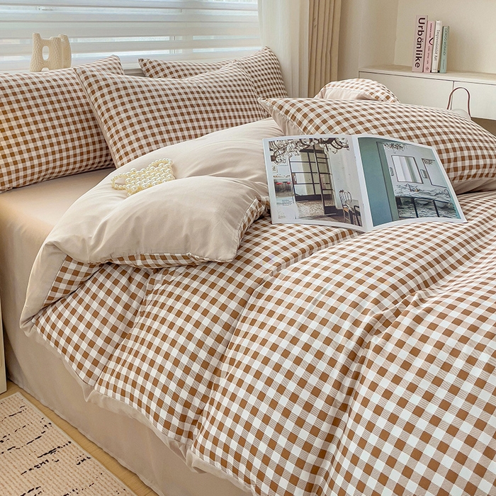 91家纺网 家纺一手货源 找家纺 楠沐家纺 2025新款亲肤柔软水洗棉磨毛四件套 咖小格