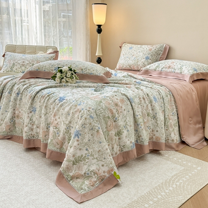 91家纺网 家纺一手货源 找家纺 若未2025新款法式莱赛尔天丝印花镂空夏被和夏被四件套 花海缠绵