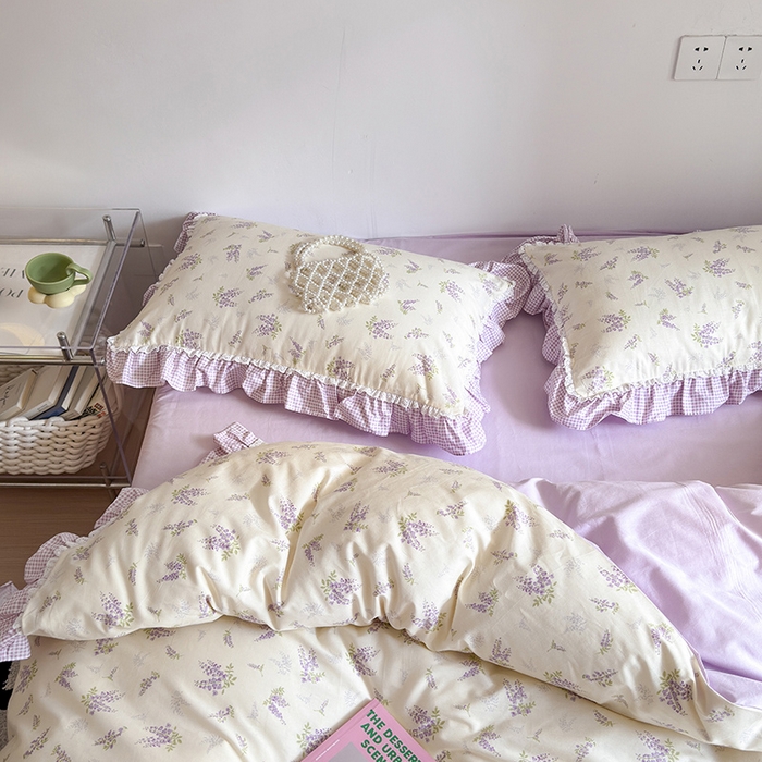 91家纺网 家纺一手货源 找家纺 沐棉 2024新款韩式公主风全棉花边四件套 薰衣草