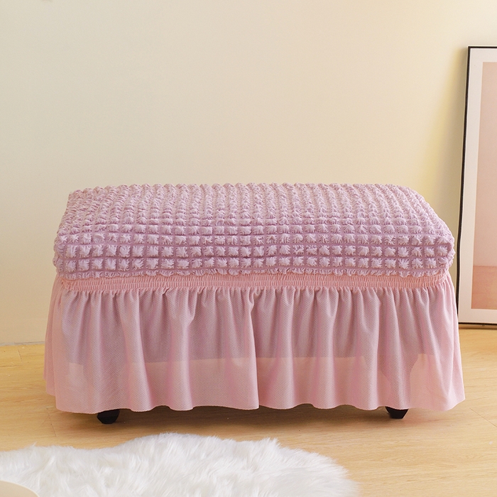 91家纺网 家纺一手货源 找家纺 启博家纺 2024新款简约舒适泡泡纱系列-裙边换鞋凳套（脚踏套沙发凳套） 桃粉