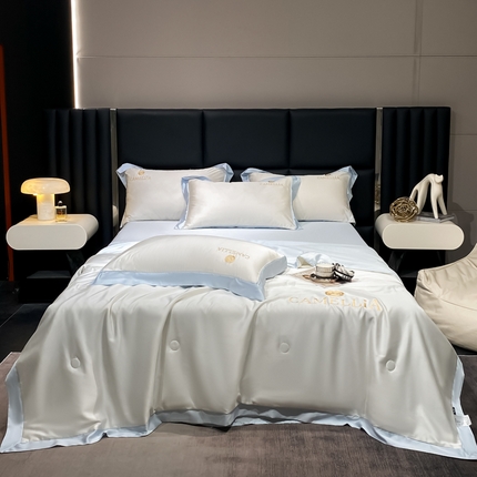 91家纺网 家纺一手货源 找家纺 佳品居 2024新款水洗天丝绣花工艺夏被四件套-山茶花系列 山茶花-米白+水青兰