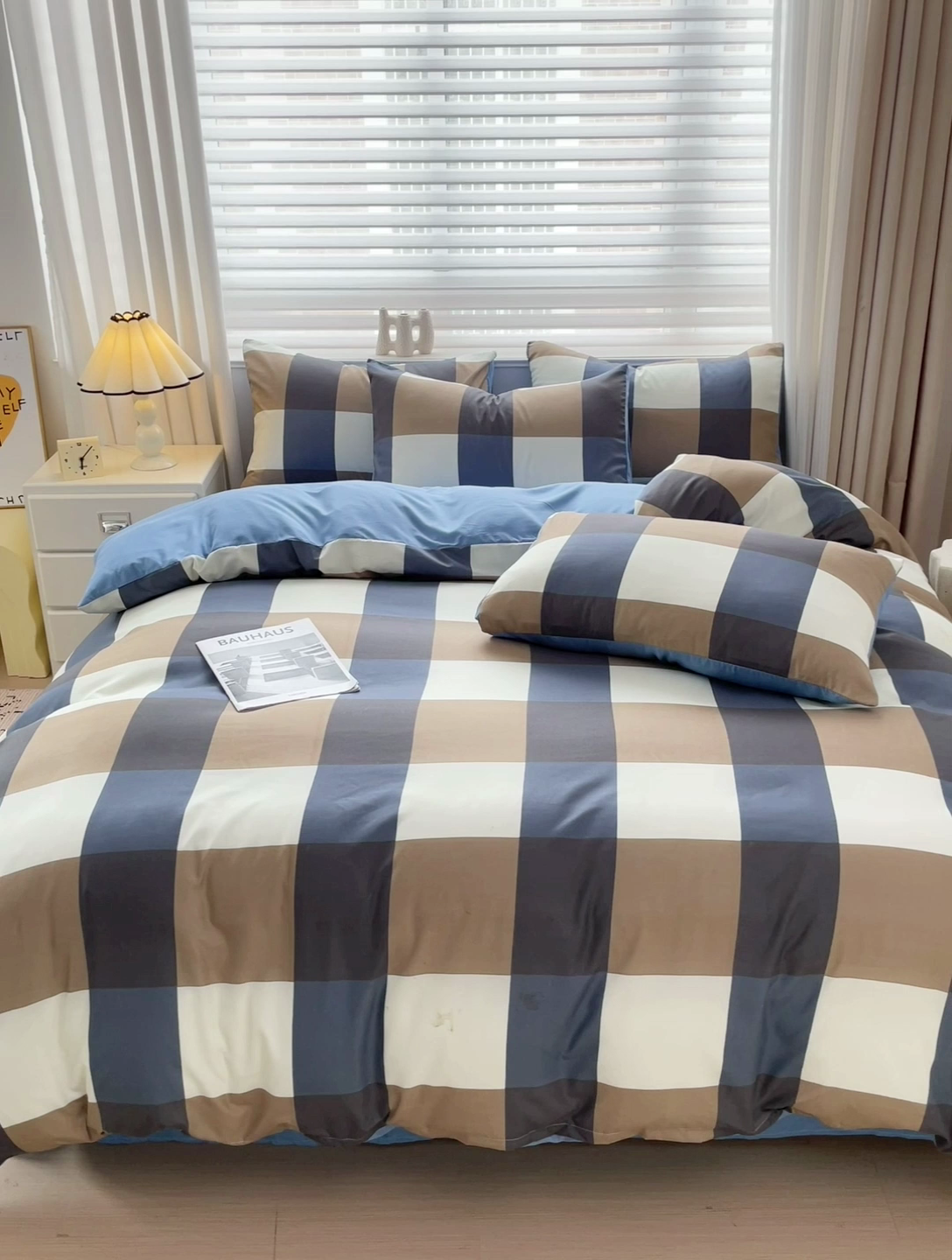 91家纺网 家纺一手货源 找家纺 楠沐家纺 2025新款亲肤柔软水洗棉磨毛四件套 蓝大格