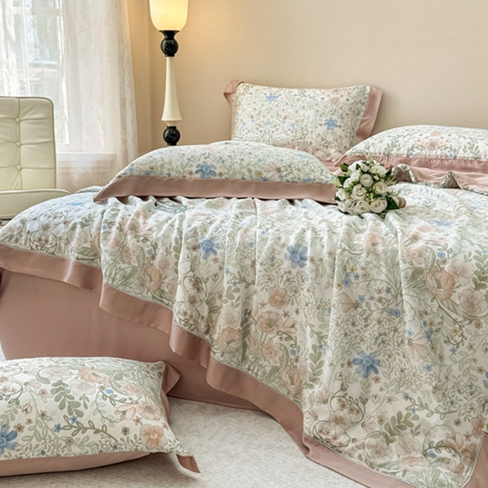 91家纺网 家纺一手货源 找家纺 若未2025新款法式莱赛尔天丝印花镂空夏被和夏被四件套 花海缠绵