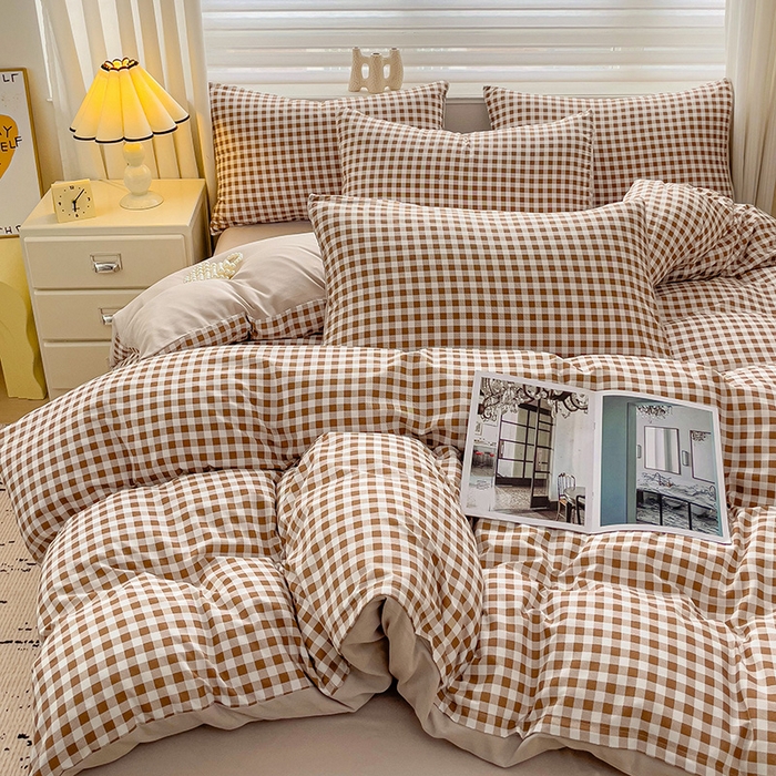 91家纺网 家纺一手货源 找家纺 楠沐家纺 2025新款亲肤柔软水洗棉磨毛四件套 咖小格