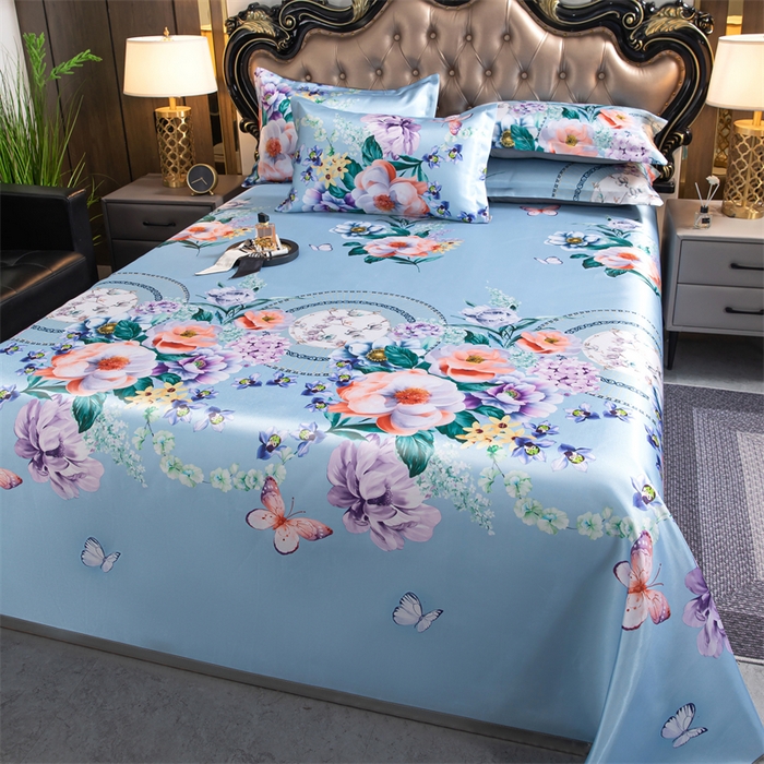 91家纺网 家纺一手货源 找家纺 梵克保罗 2024新款印花冰丝凉席套件-系列一 春香满园-蓝