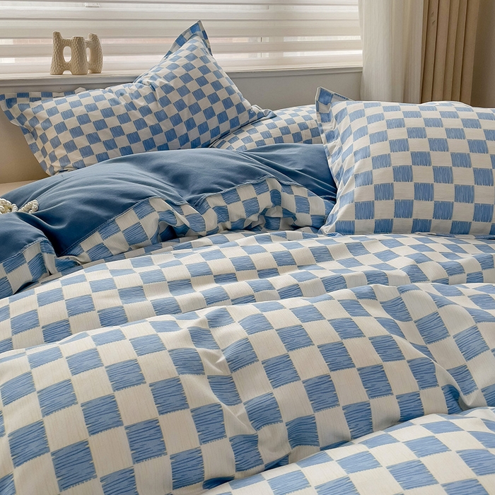 91家纺网 家纺一手货源 找家纺 楠沐家纺 2025新款亲肤柔软水洗棉磨毛四件套 棋盘格蓝