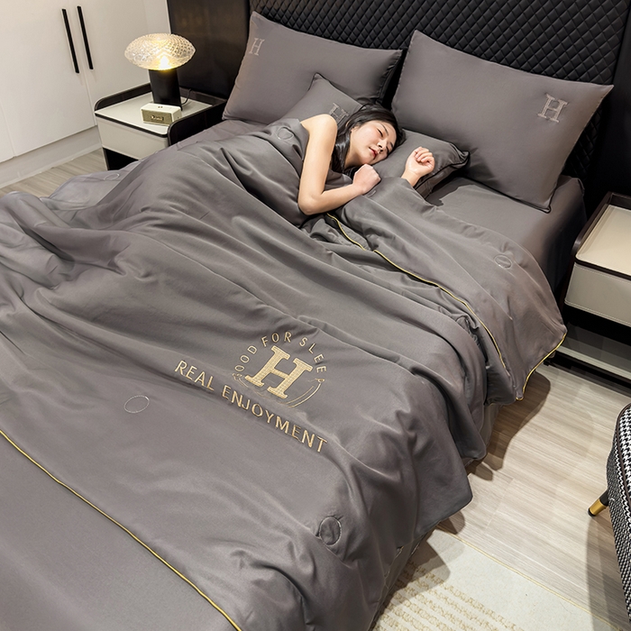 91家纺网 家纺一手货源 找家纺 星航家纺 2025新款轻奢夏被四件套晾感冰丝空调被水洗冰丝夏被 深灰