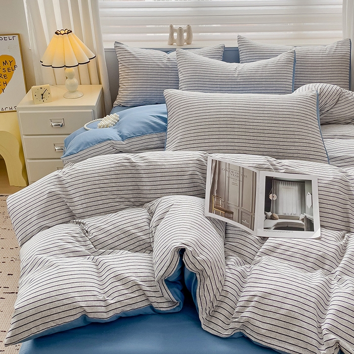 91家纺网 家纺一手货源 找家纺 楠沐家纺 2025新款亲肤柔软水洗棉磨毛四件套 白条蓝