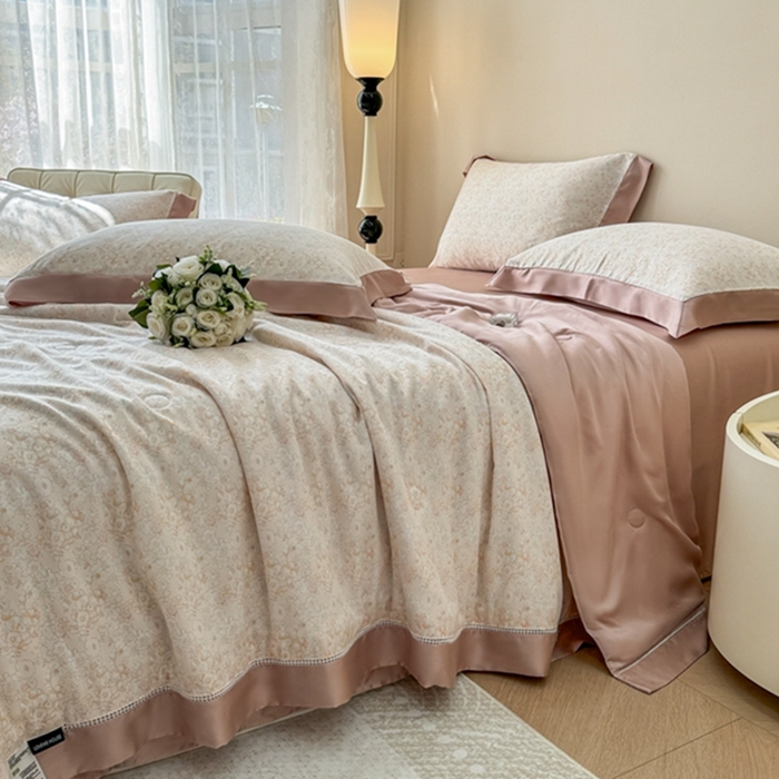 91家纺网 家纺一手货源 找家纺 若未2025新款法式莱赛尔天丝印花镂空夏被和夏被四件套 歌曼（桔）