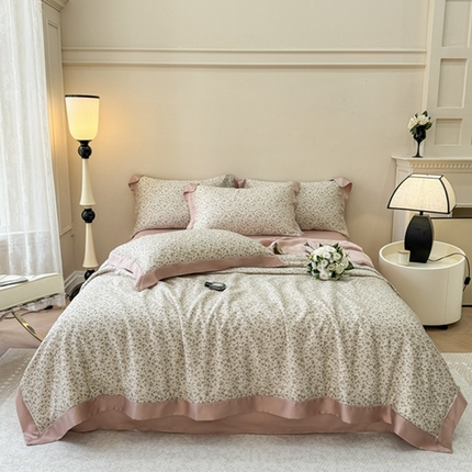 若未2025新款法式莱赛尔天丝印花镂空夏被和夏被四件套 花艳（咖）