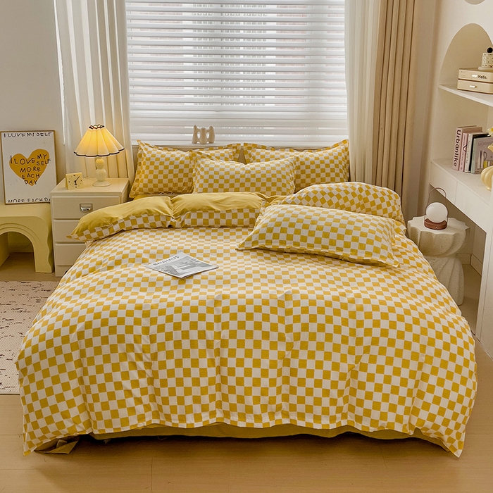 91家纺网 家纺一手货源 找家纺 楠沐家纺 2025新款亲肤柔软水洗棉磨毛四件套 棋盘格黄