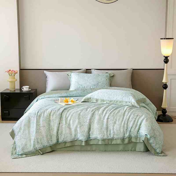 91家纺网 家纺一手货源 找家纺 若未家居 2025新款50支莱赛尔天丝数码印花四件套 夏沫 绿