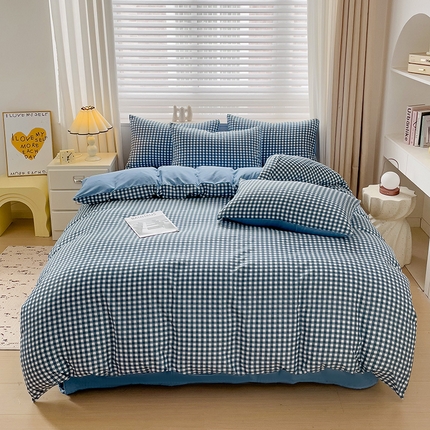 楠沐家纺 2025新款亲肤柔软水洗棉磨毛四件套 蓝小格