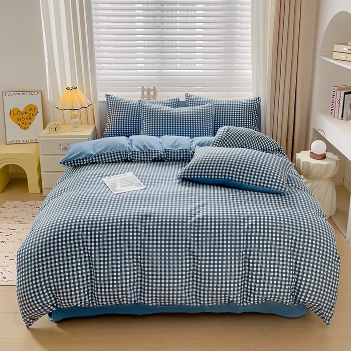 91家纺网 家纺一手货源 找家纺 楠沐家纺 2025新款亲肤柔软水洗棉磨毛四件套 蓝小格