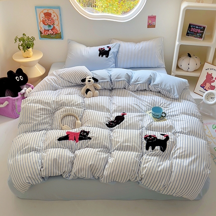 易辰美 2024新款条纹水洗棉毛巾绣四件套（专版） 淘气猫-蓝条