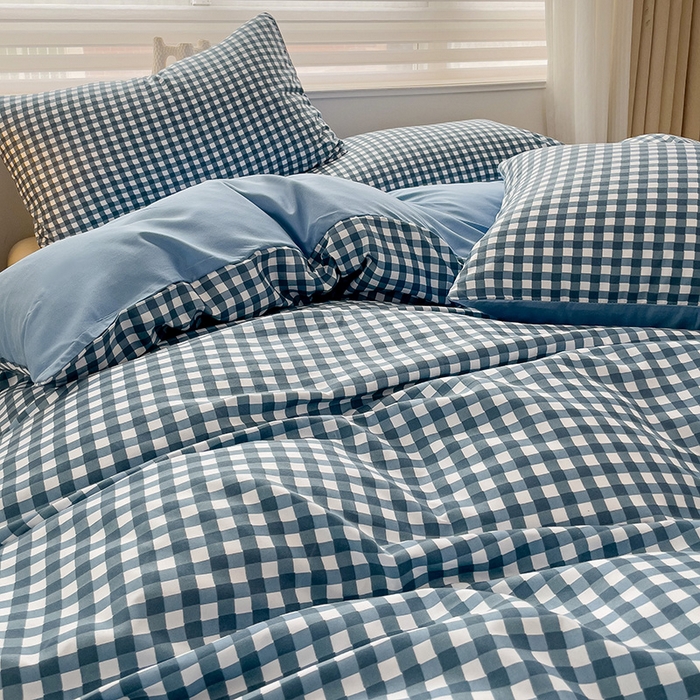 91家纺网 家纺一手货源 找家纺 楠沐家纺 2025新款亲肤柔软水洗棉磨毛四件套 蓝小格