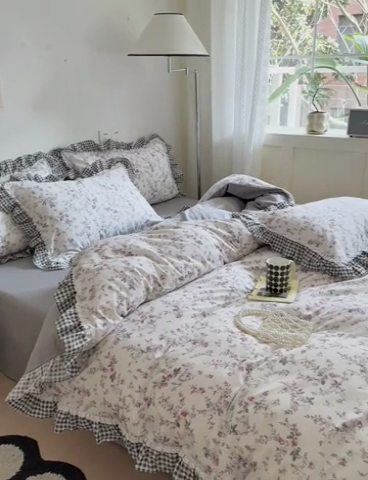 91家纺网 家纺一手货源 找家纺 沐棉 2024新款韩式公主风全棉花边四件套 心弦