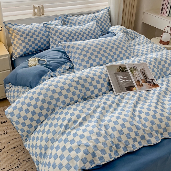 91家纺网 家纺一手货源 找家纺 楠沐家纺 2025新款亲肤柔软水洗棉磨毛四件套 棋盘格蓝