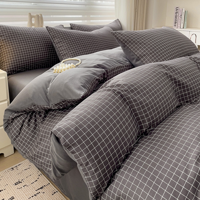 91家纺网 家纺一手货源 找家纺 楠沐家纺 2025新款亲肤柔软水洗棉磨毛四件套 黑小格