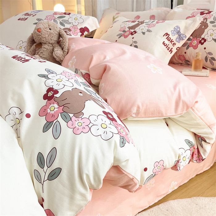 91家纺网 家纺一手货源 找家纺 铭博家纺 2024新款全棉印花四件套 兔语园香