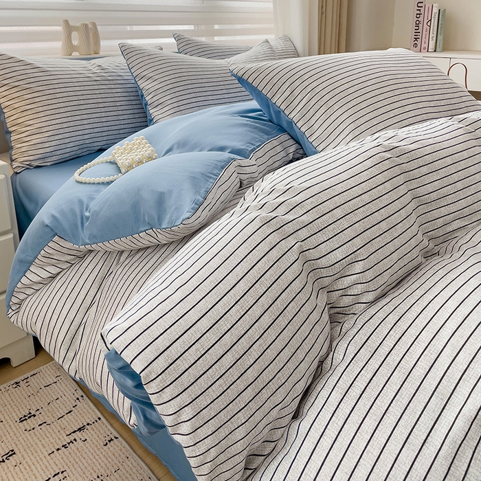 91家纺网 家纺一手货源 找家纺 楠沐家纺 2025新款亲肤柔软水洗棉磨毛四件套 白条蓝