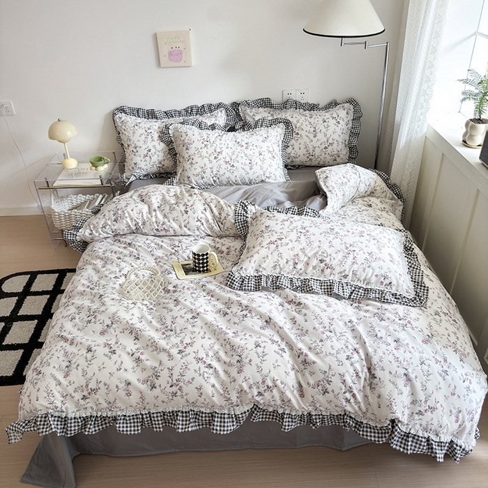 91家纺网 家纺一手货源 找家纺 沐棉 2024新款韩式公主风全棉花边四件套 心弦