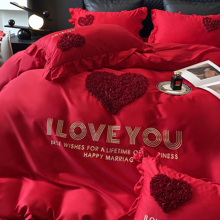 91家纺网 家纺一手货源 找家纺 优悦_新款磨毛婚庆3D立体绣花四件套 一生所爱