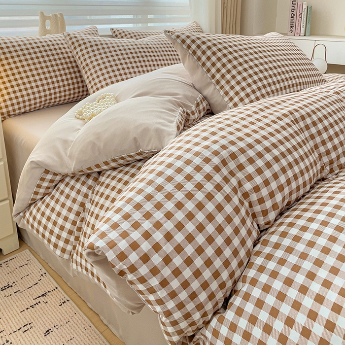 91家纺网 家纺一手货源 找家纺 楠沐家纺 2025新款亲肤柔软水洗棉磨毛四件套 咖小格