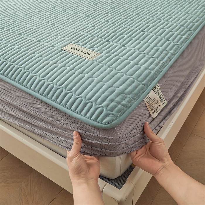 91家纺网 家纺一手货源 找家纺 3C 2024新款A类全棉水洗棉大豆夹棉床笠-网忆 网忆-湖水绿