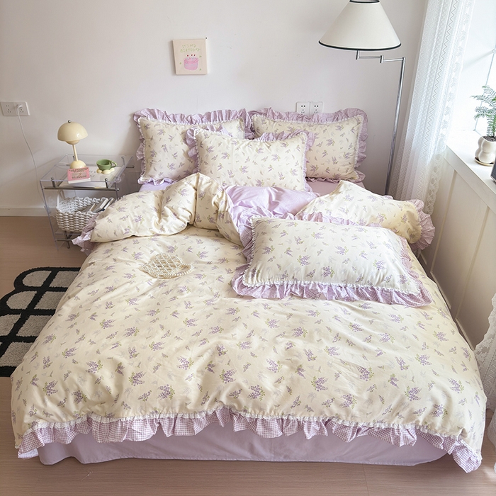 91家纺网 家纺一手货源 找家纺 沐棉 2024新款韩式公主风全棉花边四件套 薰衣草