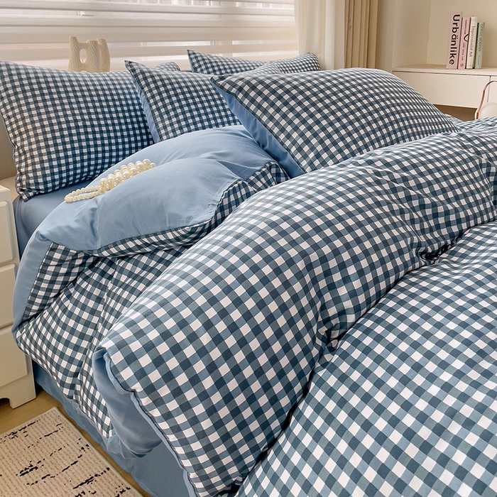 91家纺网 家纺一手货源 找家纺 楠沐家纺 2025新款亲肤柔软水洗棉磨毛四件套 蓝小格