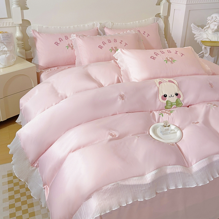 91家纺网 家纺一手货源 找家纺 （总）菲儿家纺 2024新款水洗真丝花边刺绣四件套-萌萌兔系列