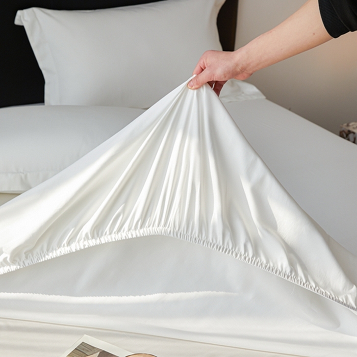 91家纺网 家纺一手货源 找家纺 秀色家纺 2025新款50支贡缎刺绣床笠单件全棉纯棉床罩三件套防滑床单床垫套罩轻奢 UR-皓月白